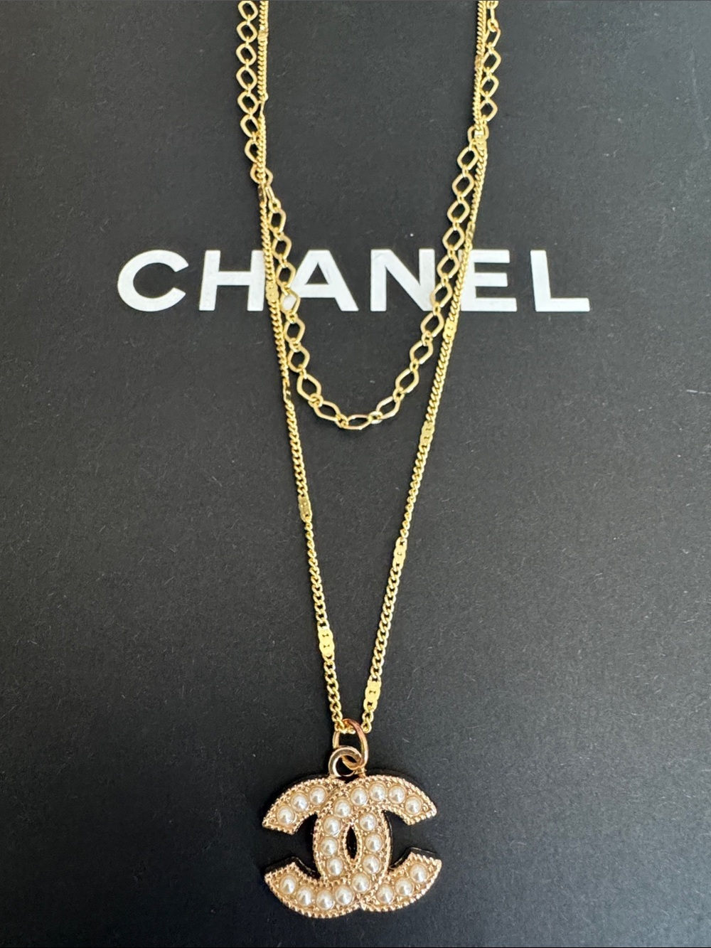 Layered CHANEL Gold-Tone Double C Pendant Necklace with Pearl Accents